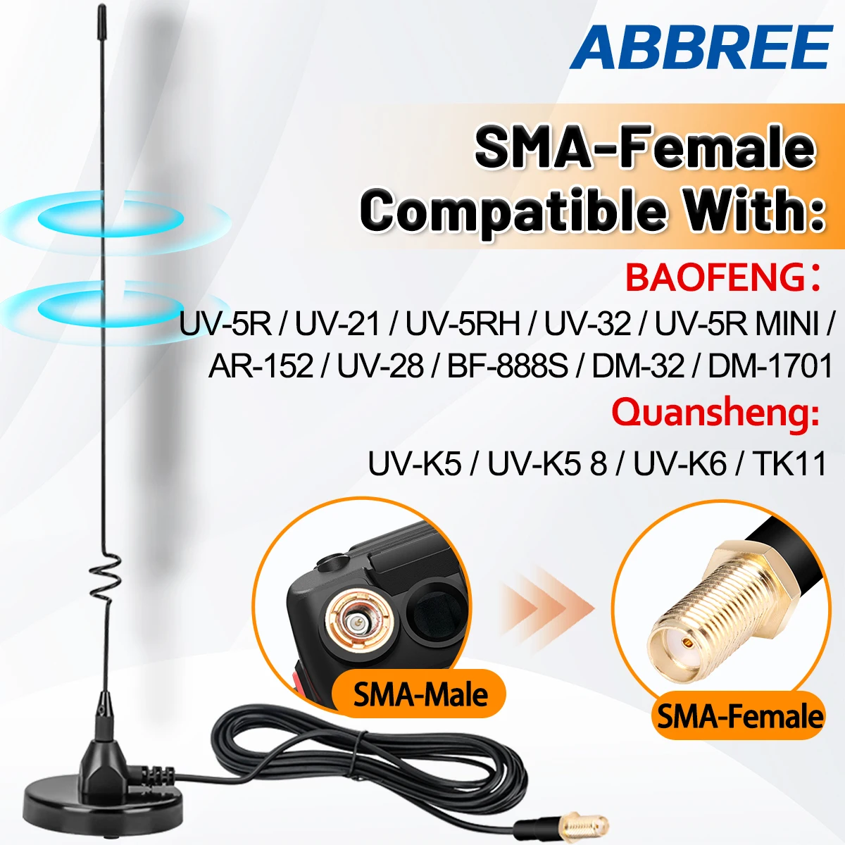 ABBREE Dwuzakresowa Antena Radiowa Mobilna Walkie Talkie Magnetyczna V/UHF SMA-Female PL259 Antena AD-109 do BAOFENG UV-5R UV-32 DM-32 — zdjęcie produktu 2