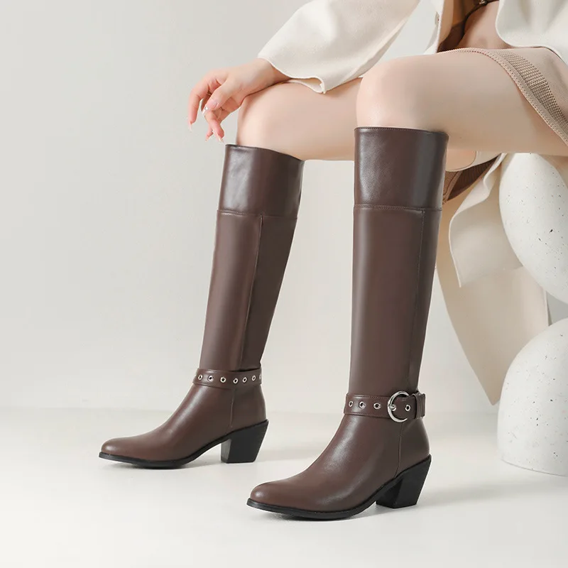 

Женские сапоги до колена, осенне-зимние кожаные модные повседневные ботинки с квадратным носком на низком каблуке и пряжкой на ремне с заклепками