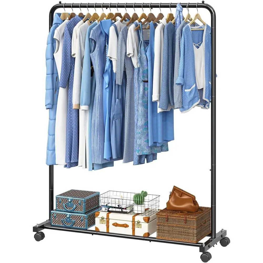 

Portable Garment Rack with Bottom Shelf, Metal Clothes Rack on Wheels, Black for Bedroom, Laundry Room