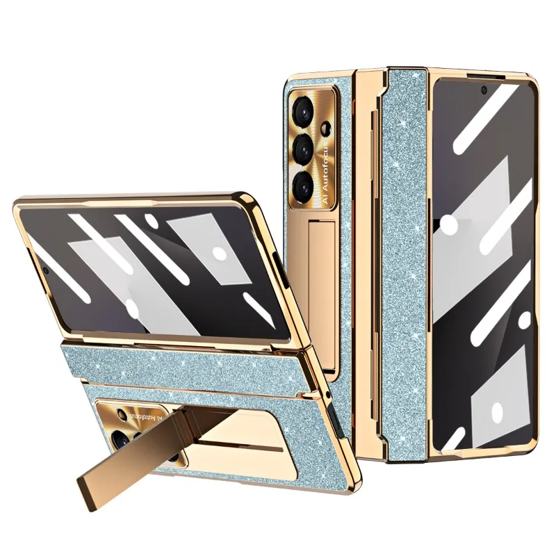 

Plating Glitter Stand Phone Case for Samsung Galaxy Z Fold 7 Full Protection Hinge Film Cover for Samsung Z Fold7 Fold6 Fold5