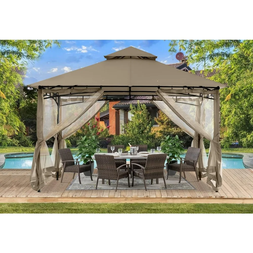 

Gazebos for Patios 10x12 - Outdoor Steel Frame Gazebo with Mosquito Netting for Lawn Backyard Garden Deck (Khaki) Pergola