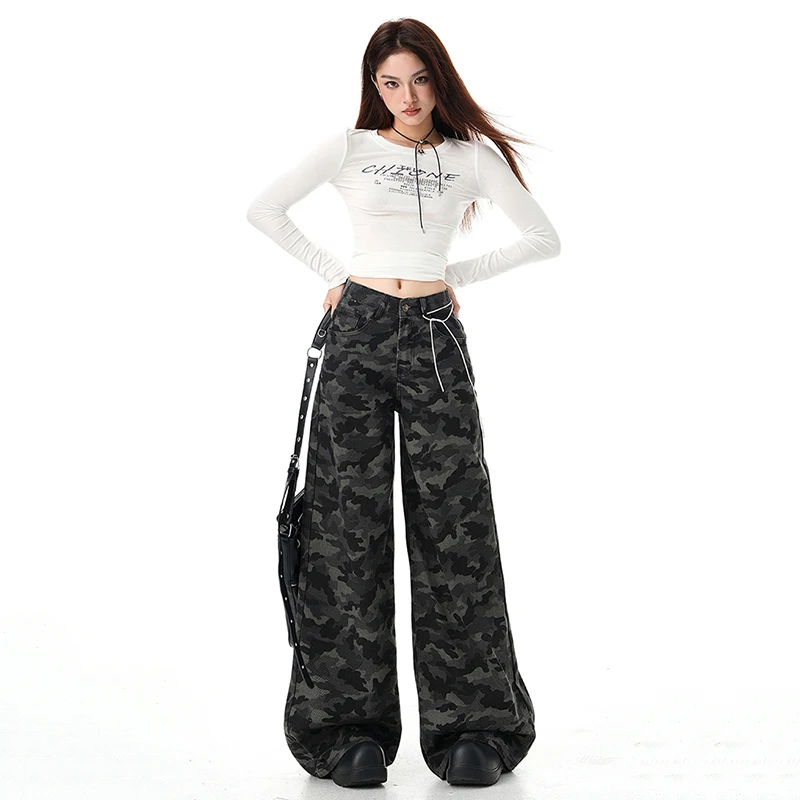 Amerykańskie spodnie robocze micro pull [kamuflaż] jesienno-zimowe, nowe, z wysokim stanem, luźne, z szerokimi nogawkami do ziemi dla kobiet.