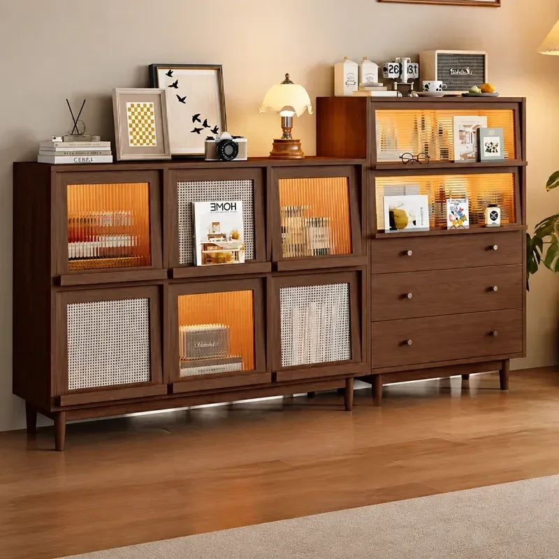 Solid Wood Dining Side Cabinet Wall Mounted Storage Chest Walnut Finish Living Room Bedroom Tea Locker Integrated Design