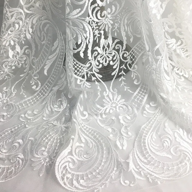 New Single Side Full Width Polyester Luster Silk Embroidered Lace Trim High End Wedding Dress Embroidery Accessories Lace Fabric