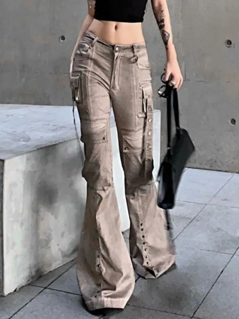 American Wash Brown Cargo Jeans Women Street Stretch Slim Pockets Patchwork Vintage Trousers Fairycore Grunge Y2k Flare Pants