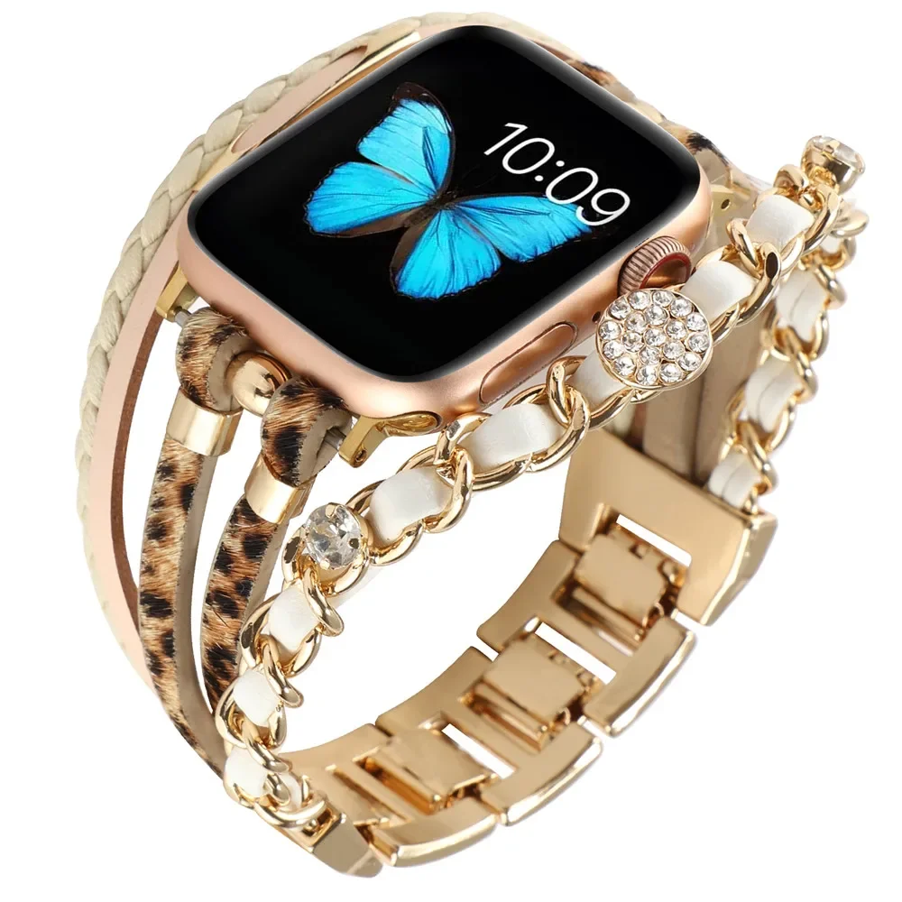 Crystal Metal Leather Band For Apple Watch Series 10 9 8 7 6 SE 5 42mm 46mm Strap For iWatch Ultra 2 49mm 41 40 44 45mm Bracelet