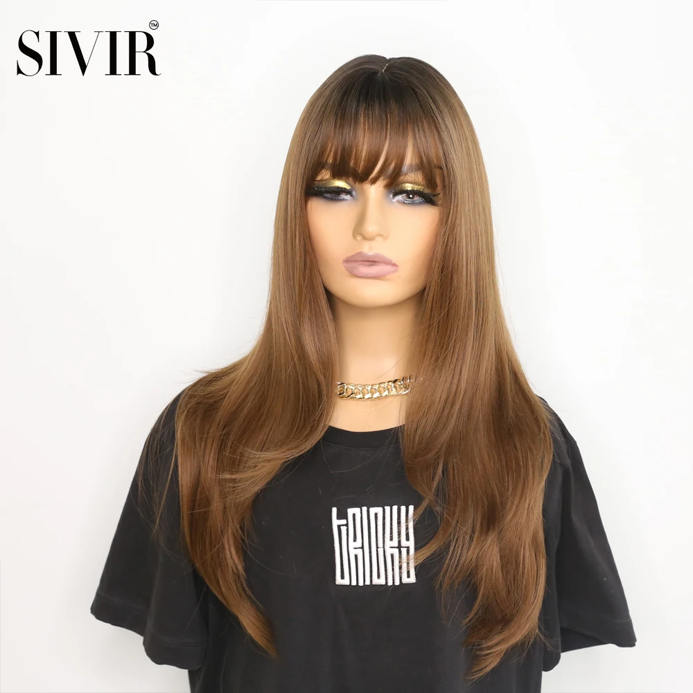 

Sivir Synthetic Straight Wigs for Woman Pink Brown/Honey/Honey Tea Flax Hair with Bangs Heat Resistant Fibre Cosplay/Party/Daily