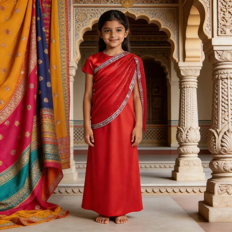 Vestido Tradicional Indio para Niñas, Vestido Étnico Rojo con Lentejuelas, Disfraz de Cosplay, Traje para Bodas, Festivales, Danza Escénica
