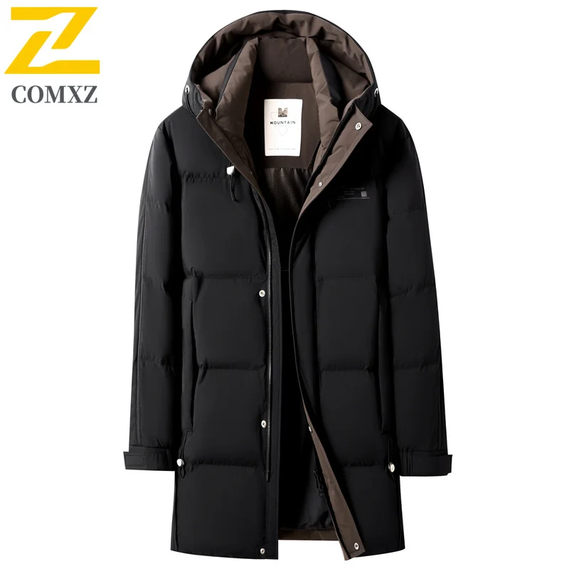 COMXZ New Men Long Down Jacket Hooded Casual Working Warm Puffer Coat High Quality Outdoor Windproof Warm Winter Mens Clothing