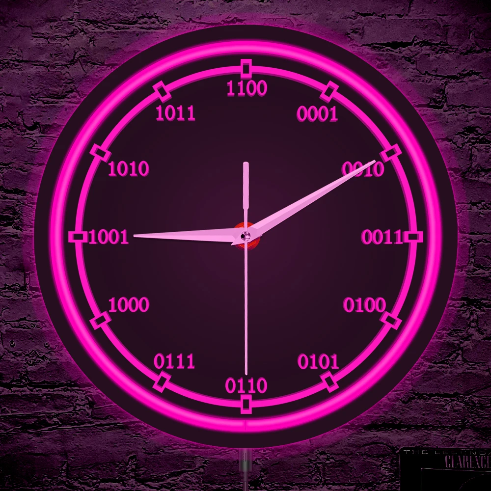 Computer Binary Code LED Neon Wall Clock for Programmer Man Cave Geeky Home Decor Timepiece Metal Frame Educational Science Gift