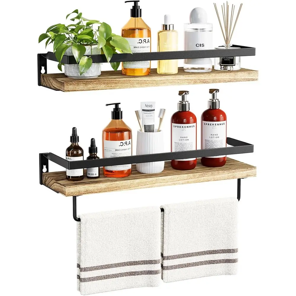 Bathroom Shelves with Towel Bar, Floating Shelves, Wall Shelves for Bathroom/Living Room/Kitchen/Bedroom, Light Brown, Set of 2