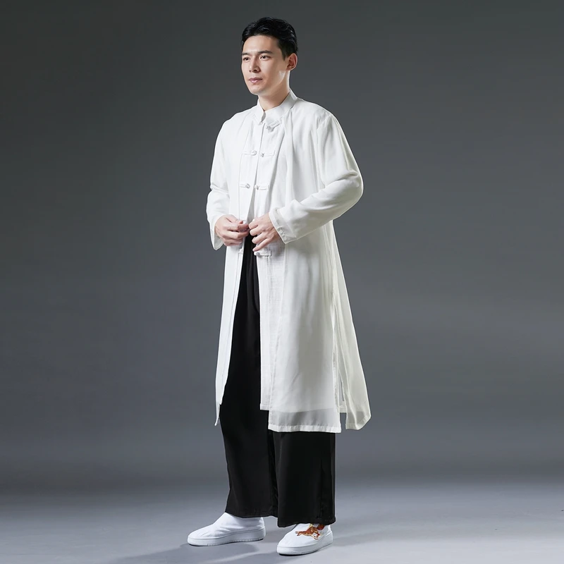 Ancient Style Men's Tang Suit Zen Retro Mid-Length Loose Chiffon Fairy Wudang Taiji Kung Fu Martial Arts Performance Long Shirt