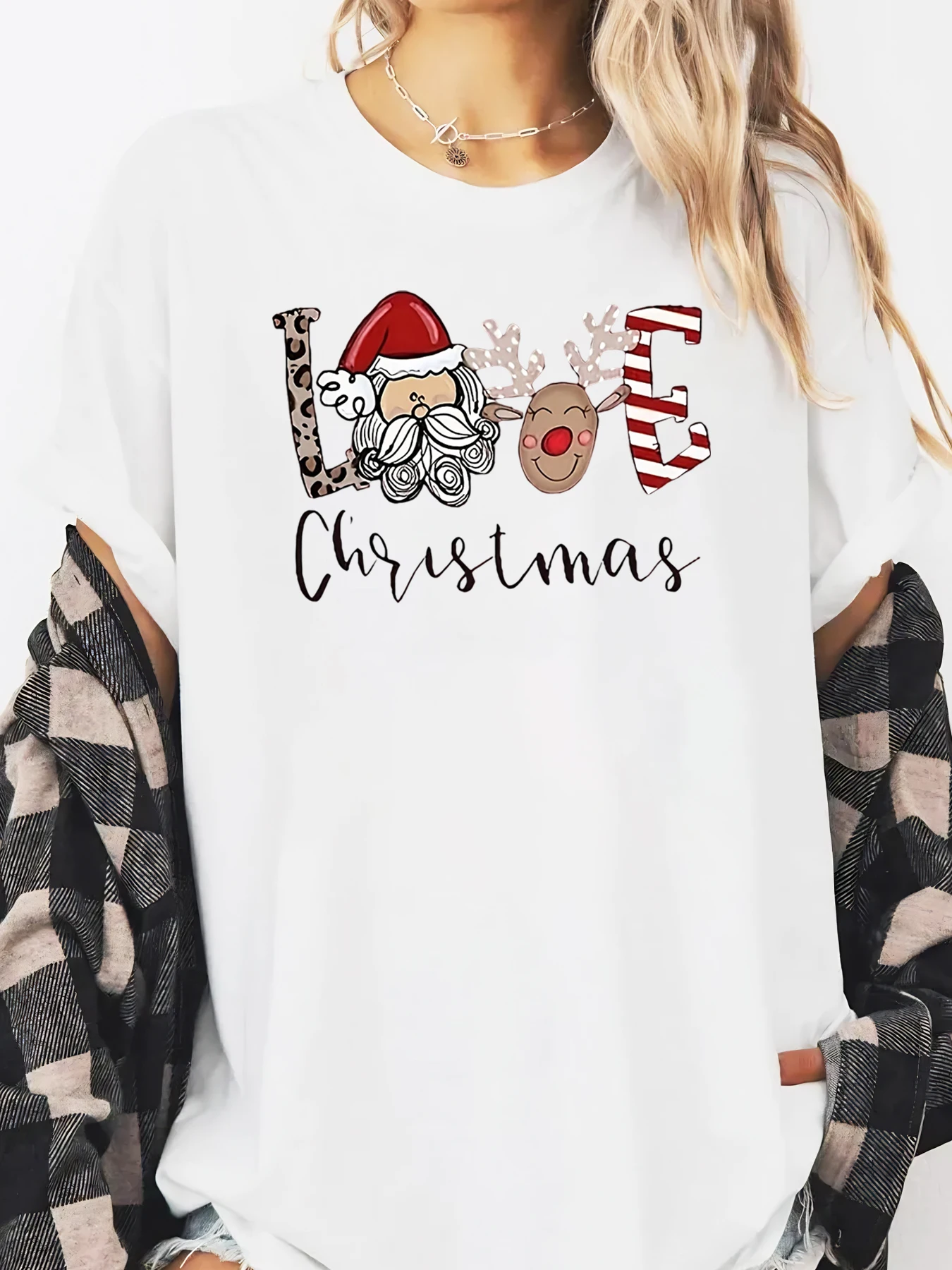 Santa Reindeer Love Christmas Print Langarm-T-Shirt für Damen, lässig, Urlaubskleidung, Weiß, Übergröße