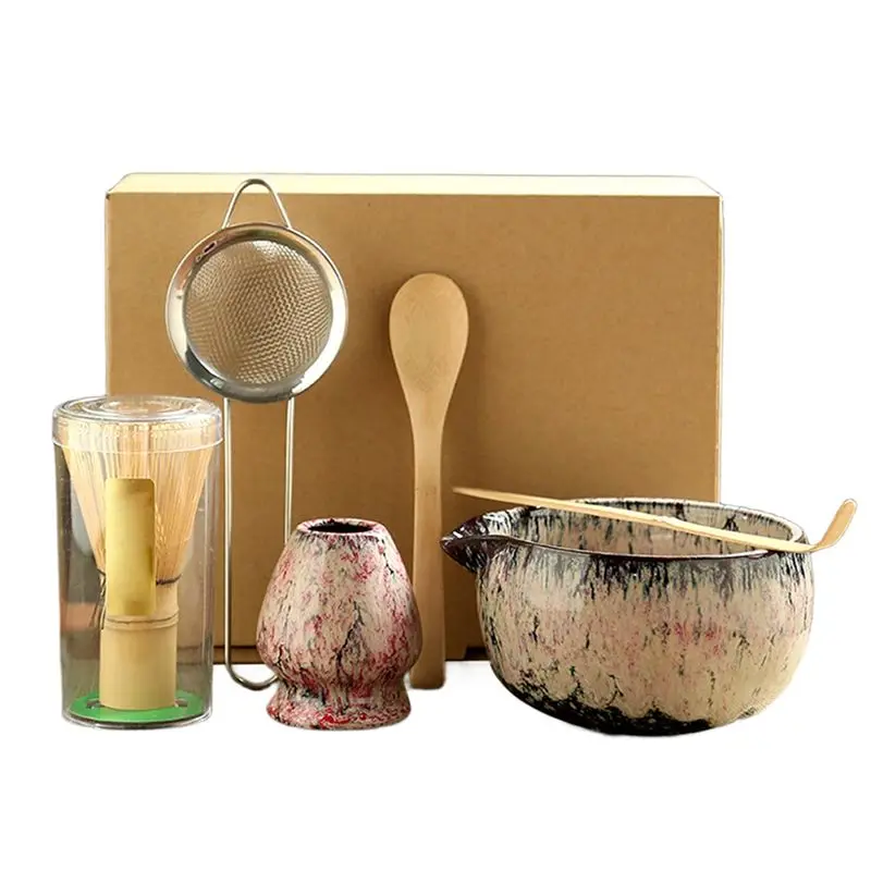 A36T-Elegant Pink Matcha Tea Enthusiast Set: 6 Pieces With Bamboo Whisk, Matching Bowl & Teaspoon Holder