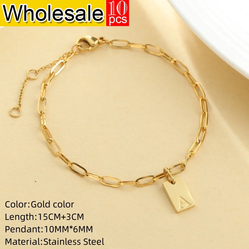 10PCS A-Z 26 Square Corrosion Letter  Golden Stainless Steel Cross Chain Bracelet Fashion Simple Style Women's Jewelry Wholesale