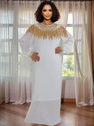 Elegant African Dashiki Dress for Women - Rhinestone Embellished Kaftan Evening Party Gown with Belt
