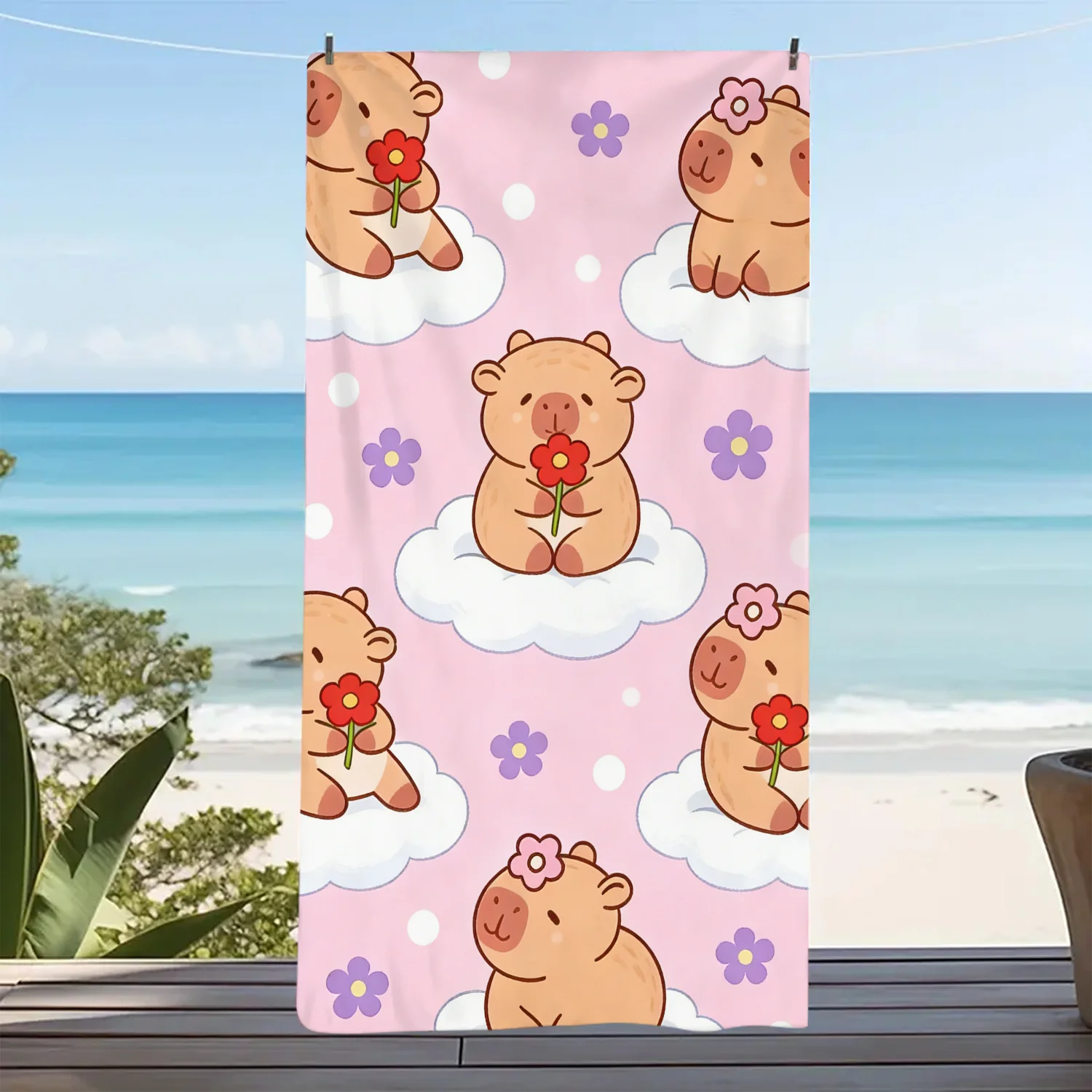 Oversized Beach Towel - Ultra-soft Microfiber, Highly Absorbent & Quick-drying, Vibrant Vintage Cartoon Capybara Beach Towel