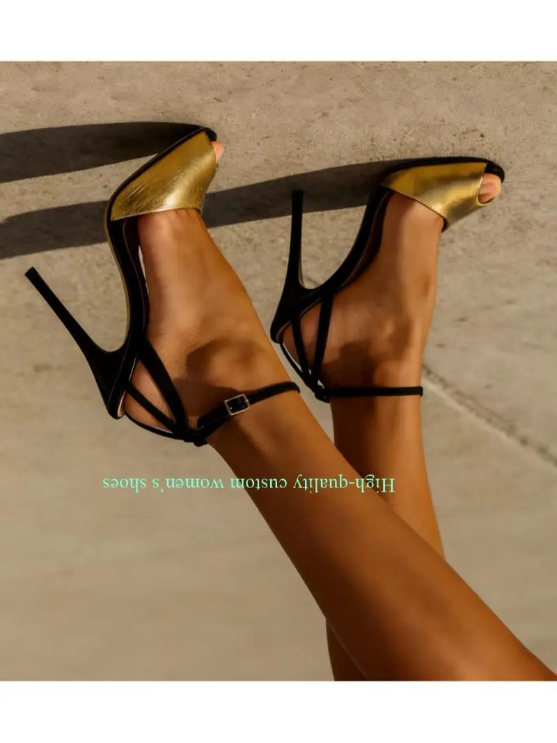 Golden Pointed Tip Open Toes T-belt Ankle Buckle Luxury High Heels Heel Hollowed-Out straps Stilettos Color-Blocked  Shoes