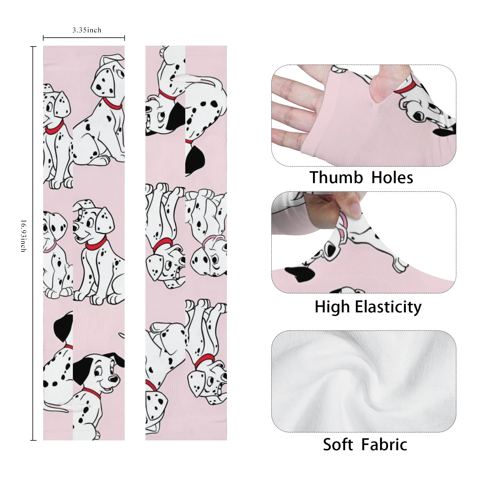 Rękawy na ramię z nadrukiem kreskówki dalmatyńczyka Kawaii - różowy lodowy jedwab, oddychająca ochrona przed promieniowaniem UV dla rodziców i dzieci na codzienne i przygodowe wyprawy na świeżym powietrzu