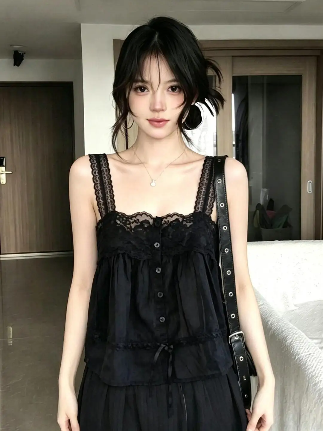Pure Desire Splice Lace Trim Strap Vest Women Summer Loose Single Button Tie Sleeveless Shoulder Bared Top Breathable Outerwear