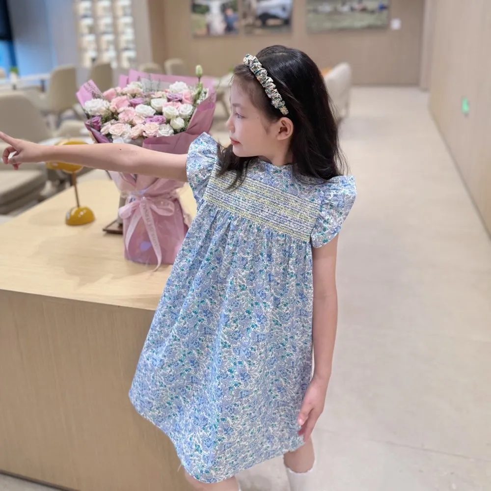 

summer dresses princess dress girls French style Sea salt blue floral dress hand embroidery dress baby girls clothes