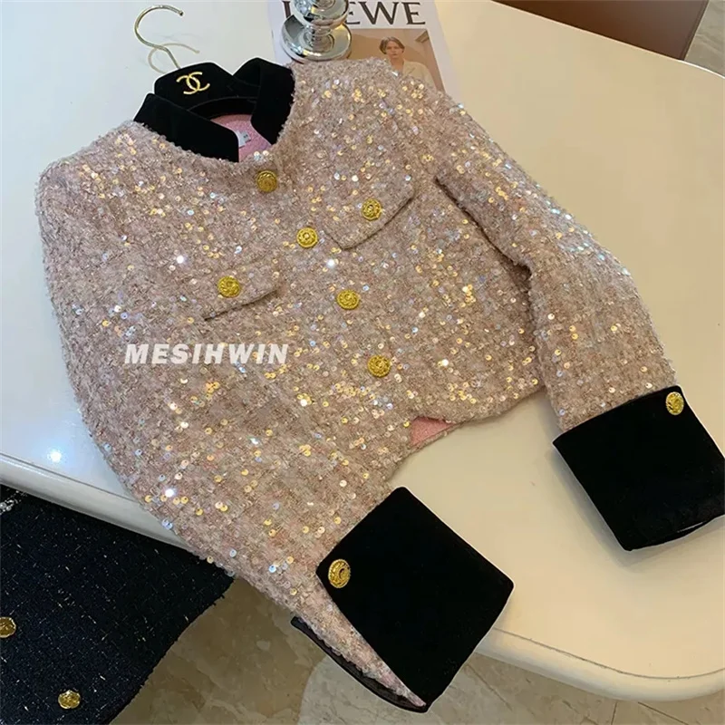 Small Fragrance Thick Coat Heavy Sequin Short Coat Lady 2024 Autumn and Winter New Single-Breasted Button Long Sleeve Tweed Top