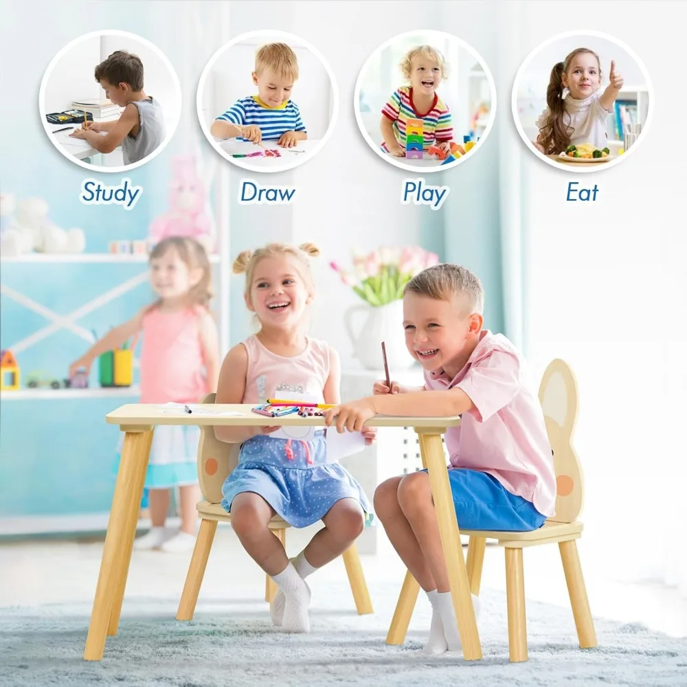 Juego de mesa y sillas de madera para niños, juego de sillas de mesa adorables para niños pequeños de escritorio impermeable con 2 sillas de animales