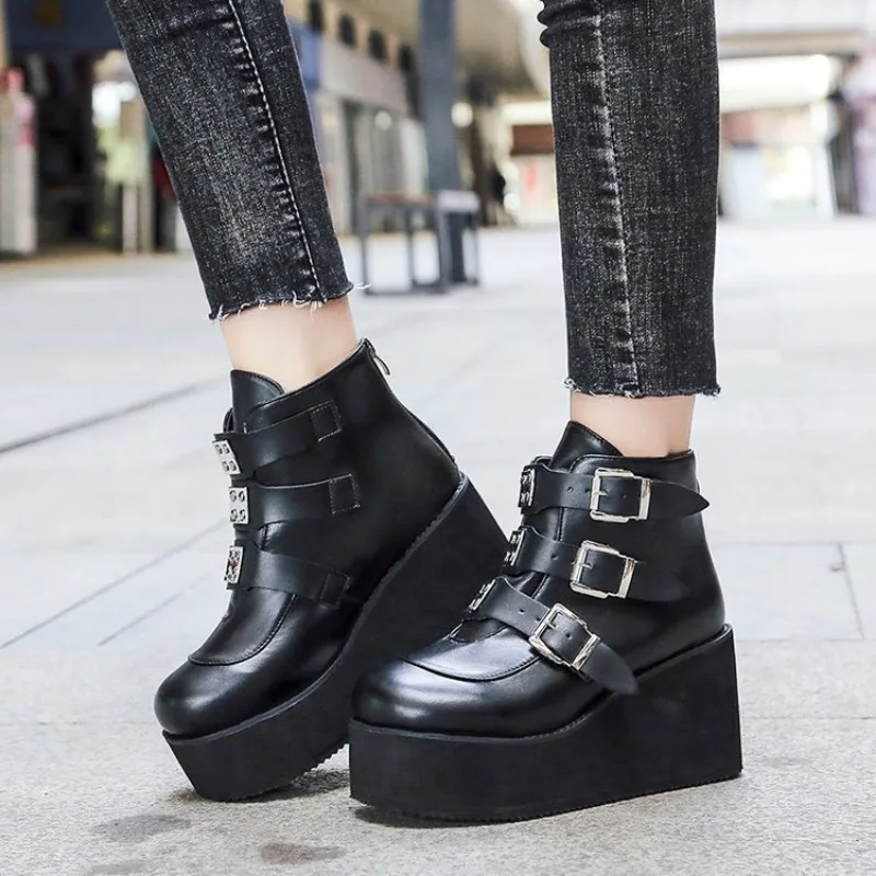 Women Round Toe Metal Bullet Gothic Punk Ankle Boots Shoes Belt Buckle Platform Chunky Heel Creepers Studded Boots Goth Shoes