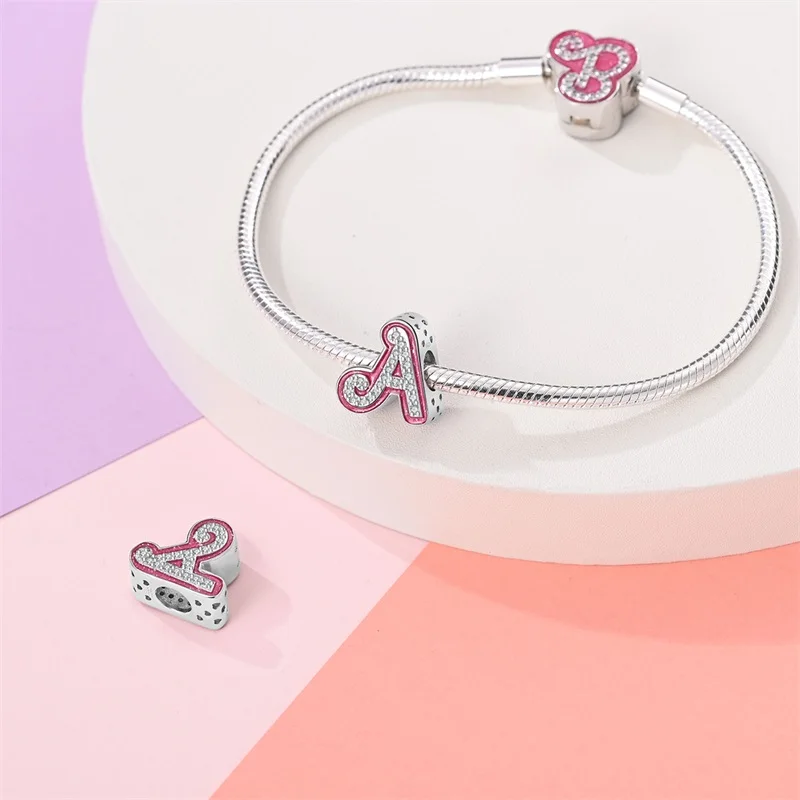 925 Silver 26 Alphabet Pink Princess Letters Charms Bead Fit Pandora 925 Original Bracelet DIY Anniversary Birthday Jewelry Gift