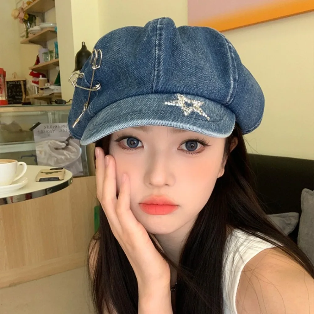 Painter Hat Y2K Vintage Denim Hat Sweet Cool Newsboy Cap Rough Edge 56-58cm Star Pattern Berets Cap Outdoor