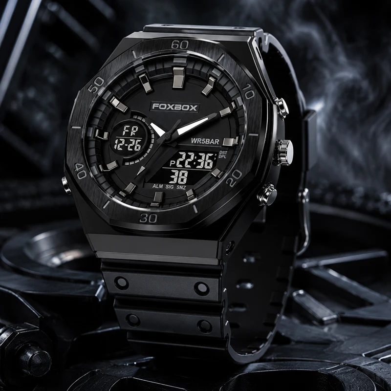 

FOXBOX Black Sports Dual Display Watch Men 5ATM Waterproof Multifunction Digital Analog Wristwatch Military Quartz Men’s Watches
