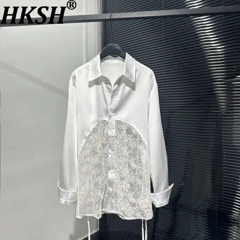 

HKSH Весна Осень Новые Мужчины Нишевый Дизайн Тяжелый Кружева Выдалбливают Лоскутные Бандажные Белые Рубашки С Длинным Рукавом Модные Шикарные Топы HK15738