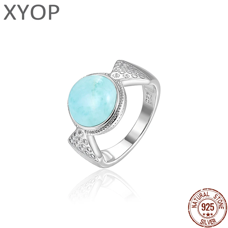 Hot Selling High Quality 925 Sterling Silver Natural Larimar Ocean Ring Womens Engagement Wedding Ring For Gift