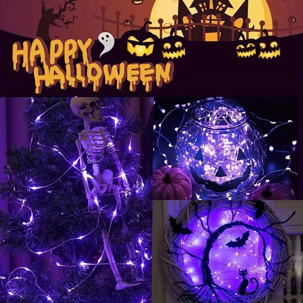 1PC 12M100LED Halloween Solar String Lights, Orange & Purple LED Copper Wire Fairy Lights for Outdoor Halloween Garden Decor