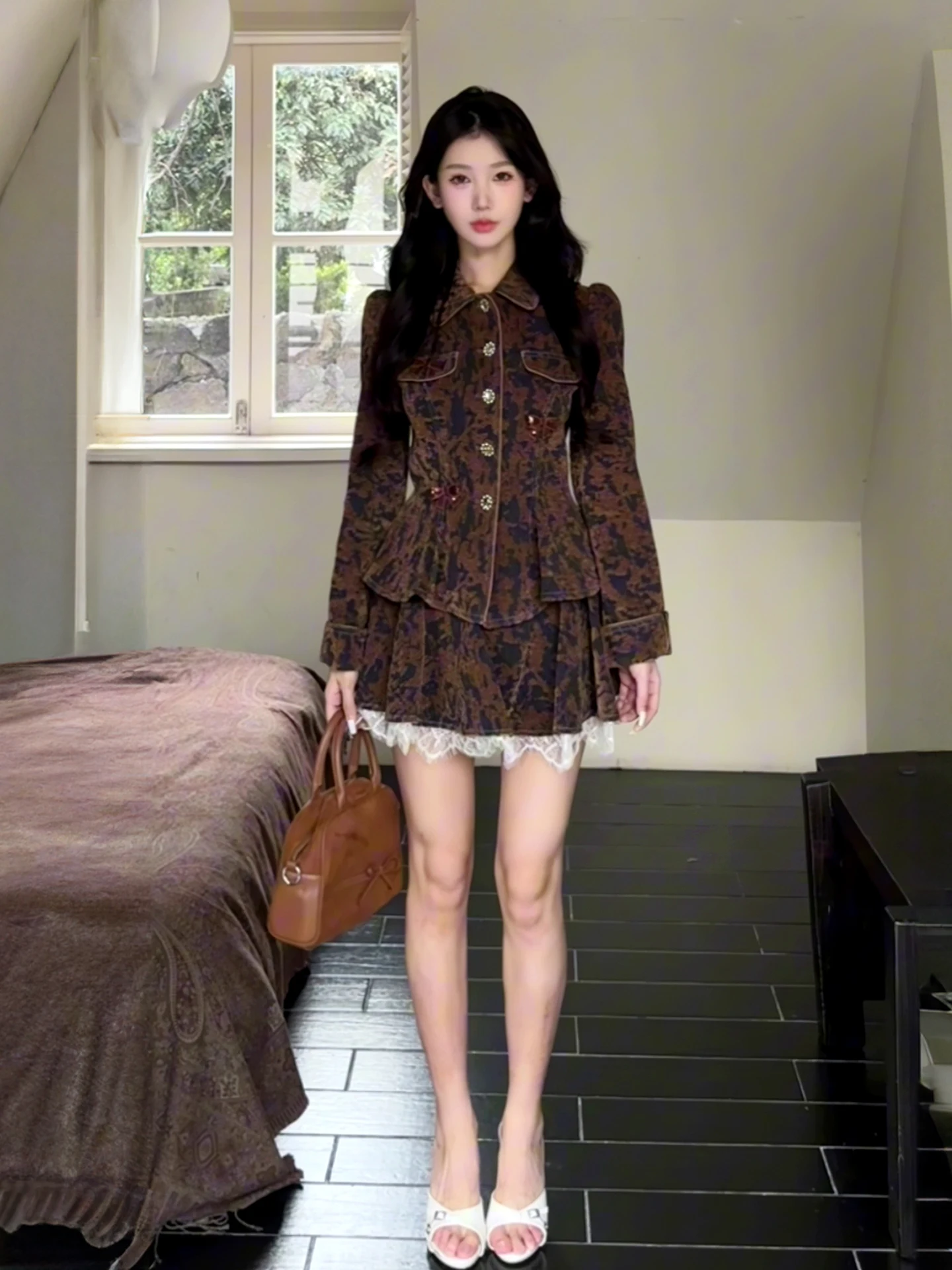 

Fashionable 2026 Court Style Lace Splicing Spring Women's Jacket Top And Skirt Set Waist-Cinching Outerwear Floral Print