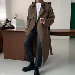 Tralike-Manteau à double boutonnage de style britannique pour hommes, coupe-vent surdimensionné, vêtements d'extérieur de loisirs longs, zones unies, style coréen