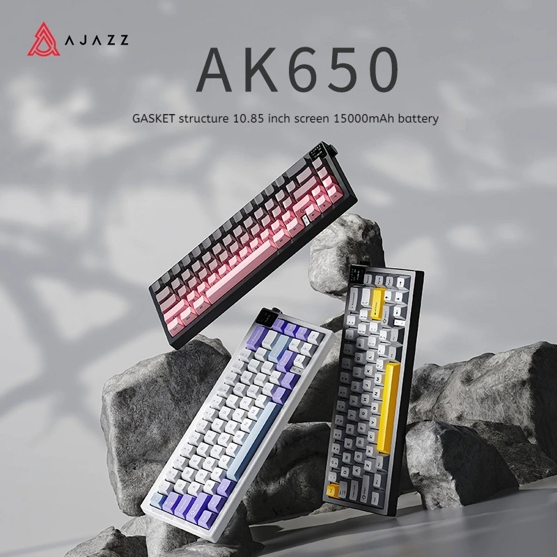 AJAZZ AK650 Mechanical Keyboard Tri-Mode Gaming Wireless 65 Keys Gasket Screen Knob Side Engraved Gradient Office RGB Backlighti