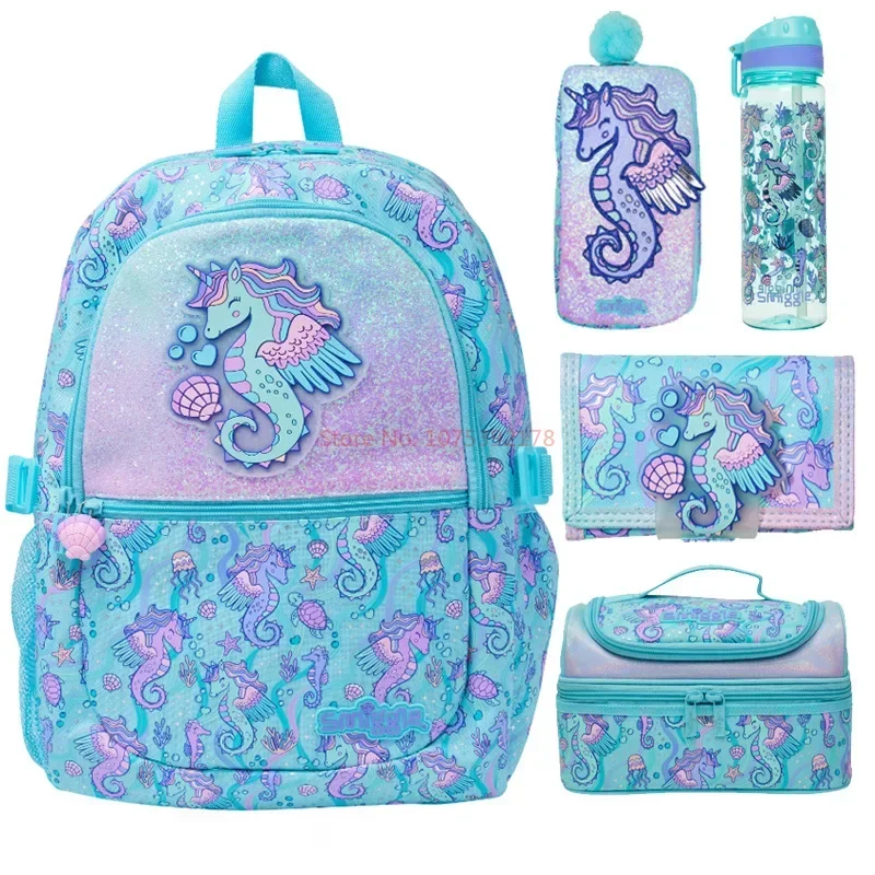 Australian Smiggle Sky Blue Seahorse Schoolbag Children\'s Stationery Backpack Lunch Bag Pencil Case Wallet Water Cup Cute Gifts