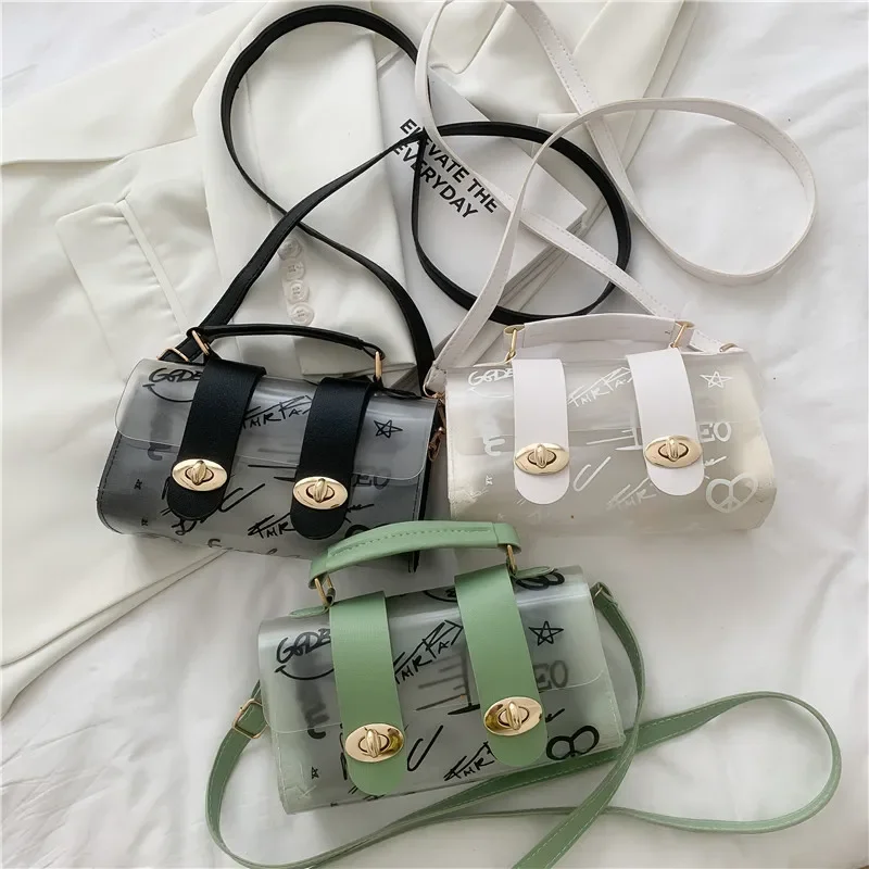 2023 Fashion Women Transparent Montage Pattern Shoulder Bag Hardware Chain Strap Color Block Messenger Handbag Composite Tote