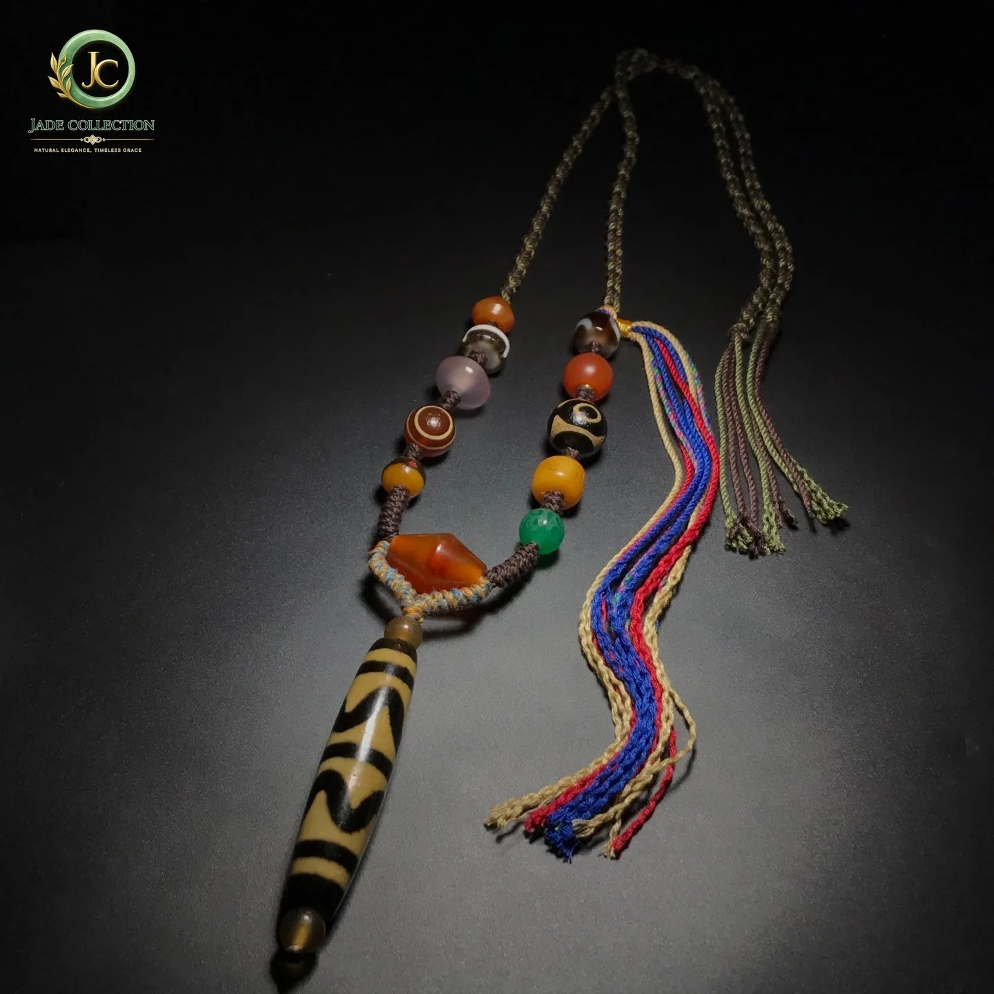 Unique Tibetan Old Agate Dzi Tiger tooth Beads Necklace J0501