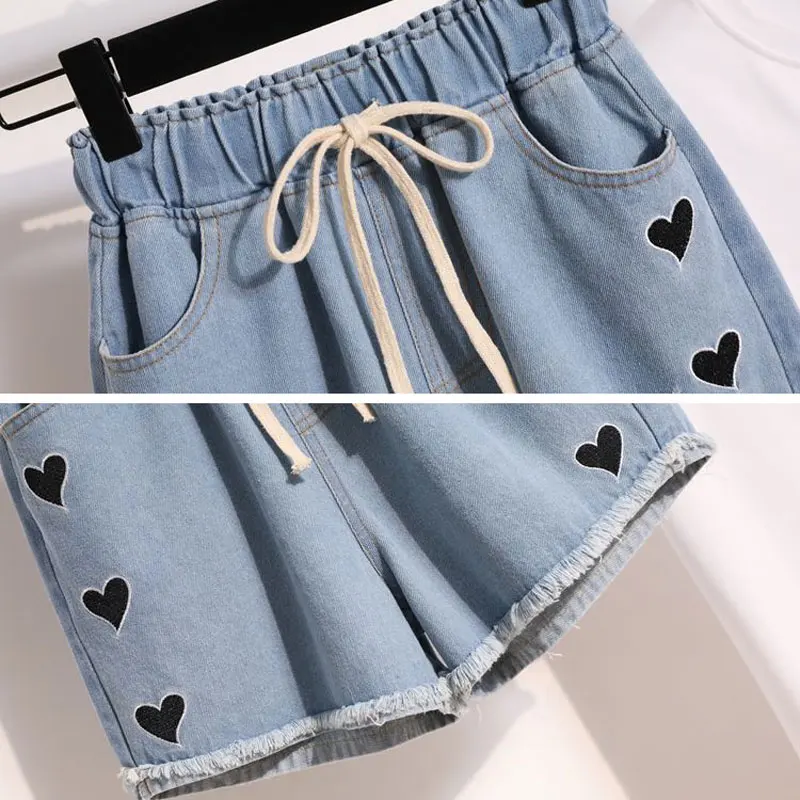 Amo shorts jeans bordados para mulheres, jeans curtos de cintura alta com renda, calças largas azuis, moda coreana, verão