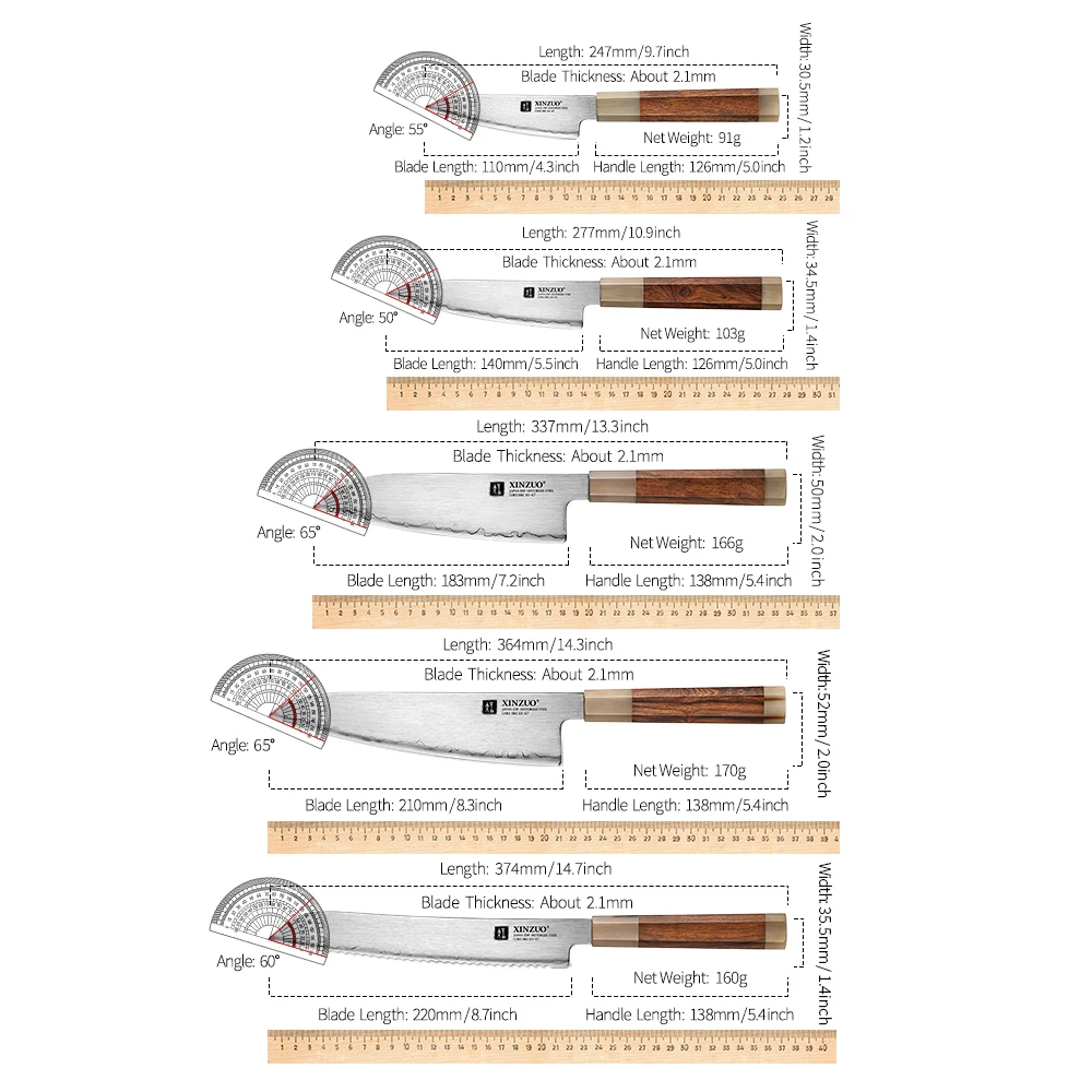 XINZUO Kitchen Knife 5 Piece Set Professional Chef's Knife Composite Steel Classic Wooden Handle Multi-purpose Cooking Tools