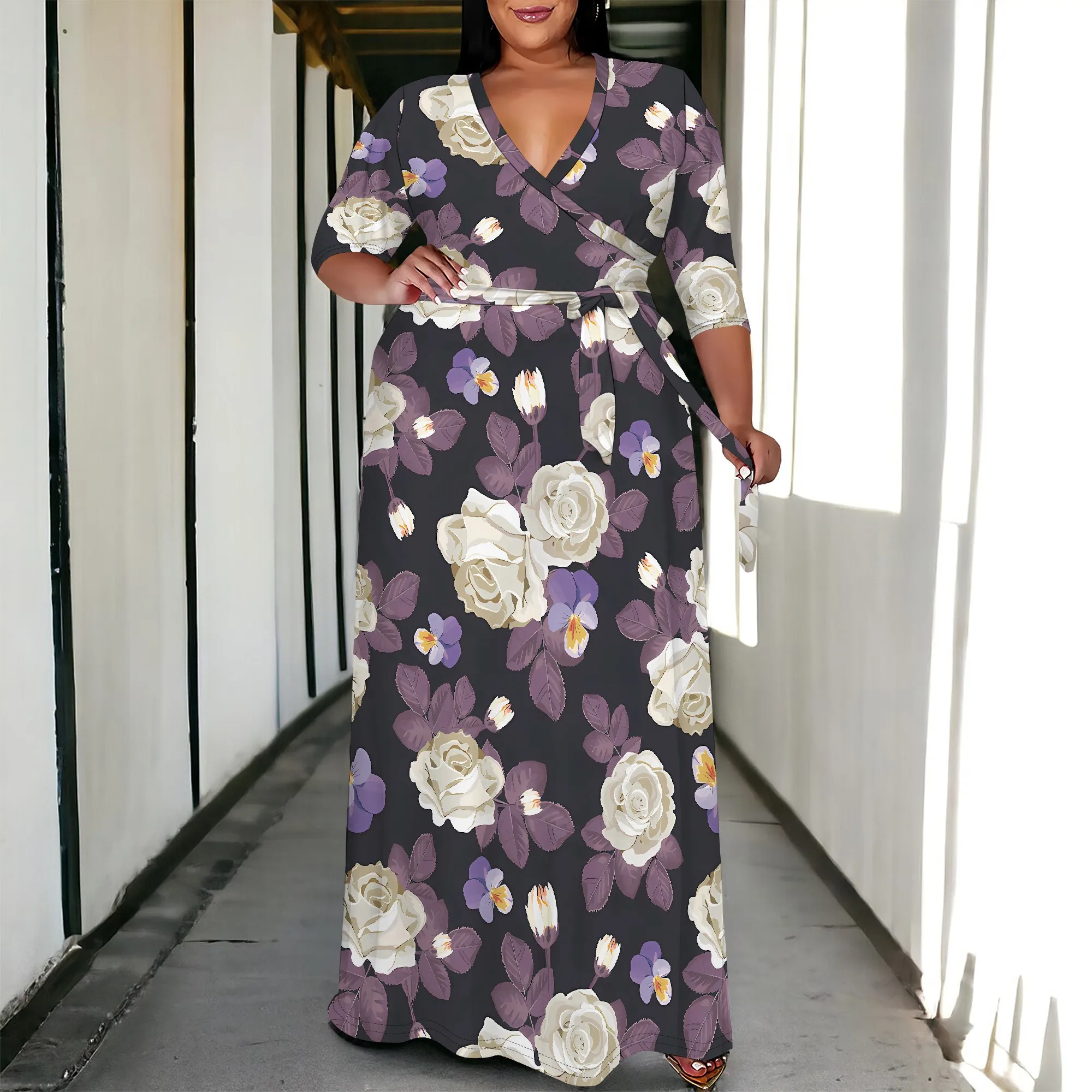 

Off-Shoulder Navy Floral Print Maxi Dress for Plus-Size Women, Elegant V-neck Design for Spring & Summer