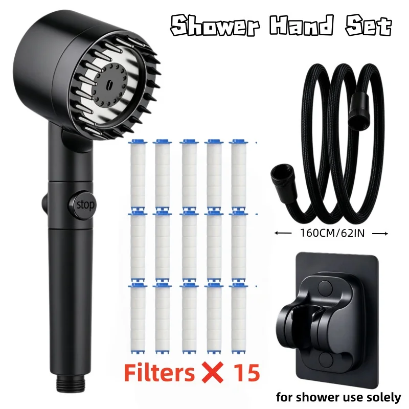 Douche noire moyenne avec filtre intégré, 3 modes, arrêt d'un seul bouton, tuyau tressé de 62 pouces, support sans perçage, 15/10/5 filtres, douche uniquement