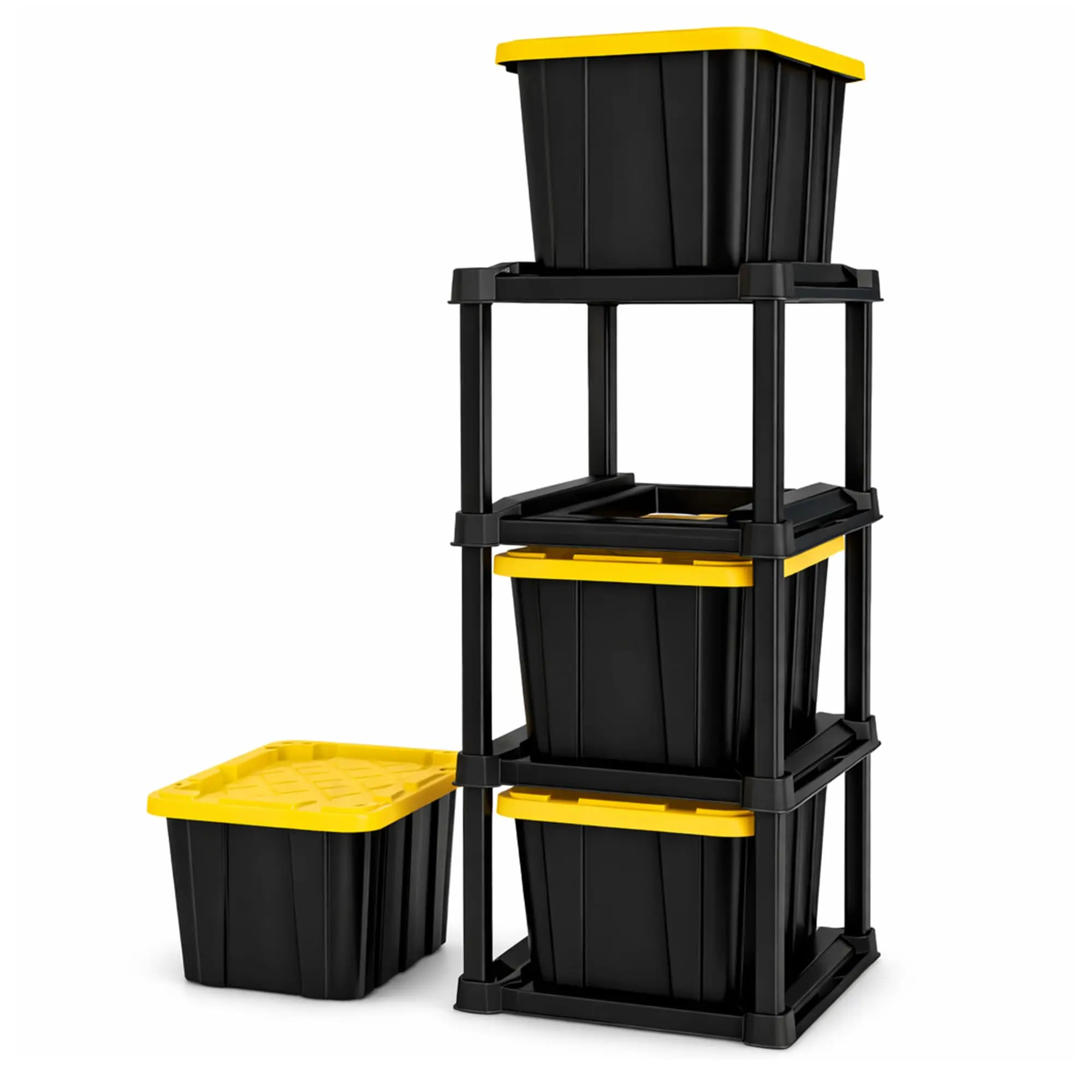 4-Tier Tote Rack with 4-Pack 27 Gallon Industrial Storage Totes | Shelving Unit and Heavy-Duty and Stackable Utility