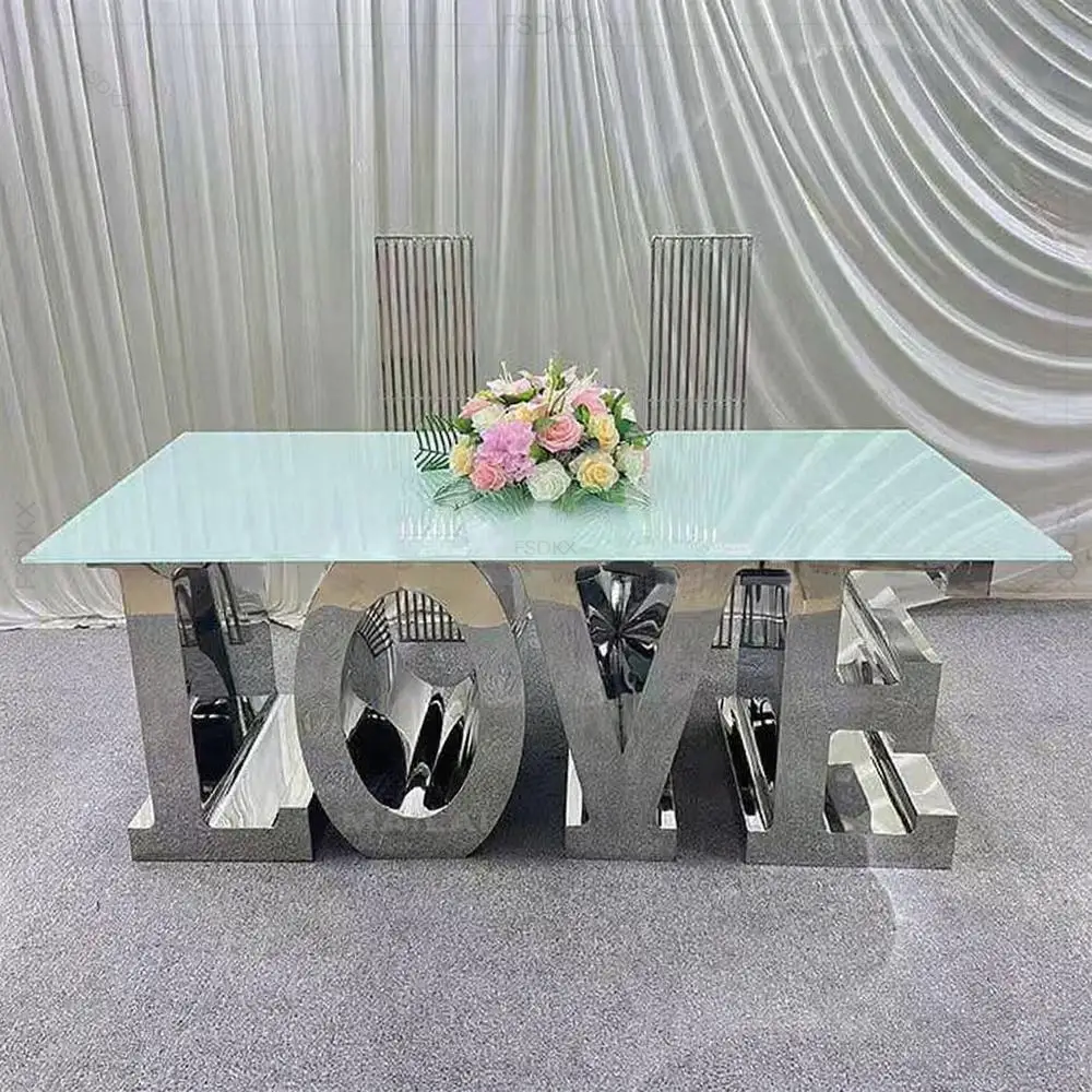 FSDKX High End Wedding Supplies Gold Stainless Steel love Base Glass Dining Tables for Weddings Event Decoration