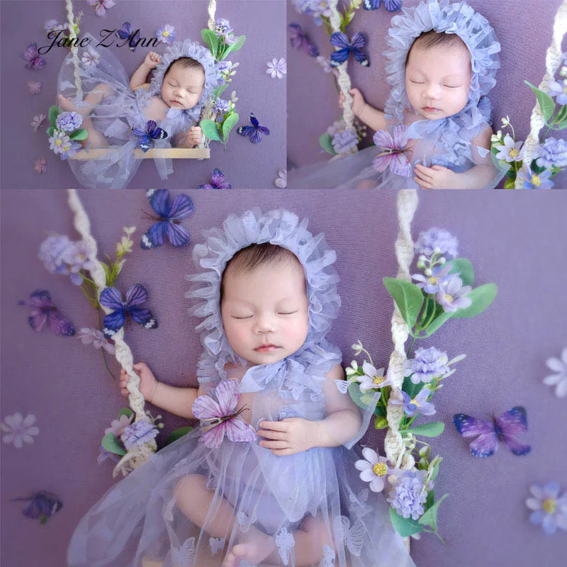 

Newborn baby girl photography outfit set fairy princess purple dress hat artificial flowers butterfly props photo studio shoot