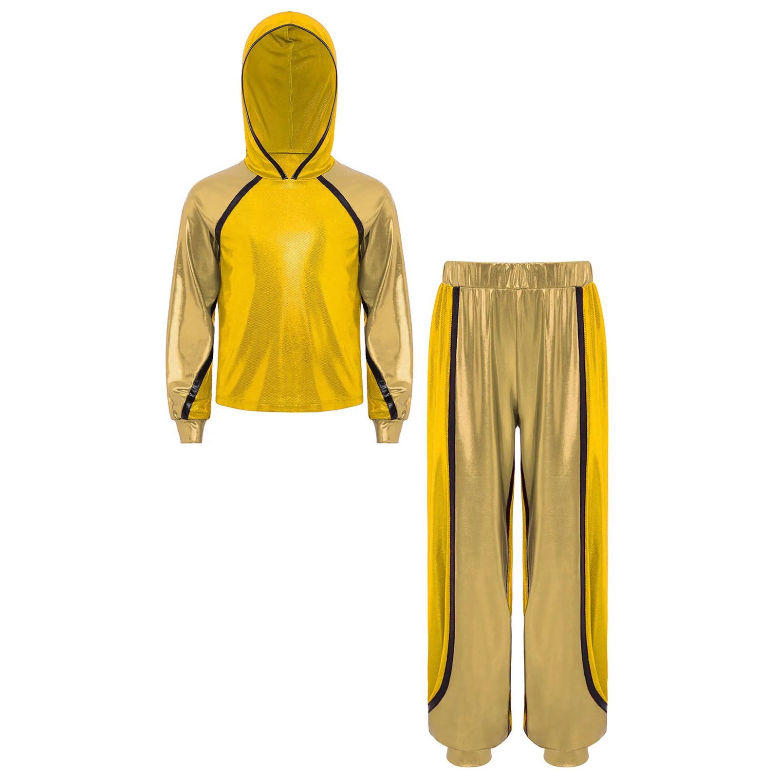 

Kids Girls 2-piece Hip Hop Jazz Dance Performance Outfit Long Sleeve Metallic Hoodie with Elastic Waistband Pants Jazz Dancewear