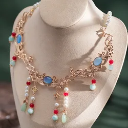 Ming Dynasty Hanfu Pendant Necklace Chinese Style Pearl Tassel Chain Neckalces For Women Vintage Wedding Accessories Jewelry