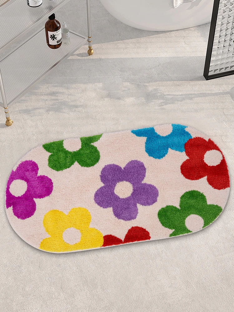 Oval y2k Tufted Rug Psychedelic Groovy Area Rug for Bathroom Girl's Bedroom Home Decor Fluffy Colorful Flower Carpet Bath Mat